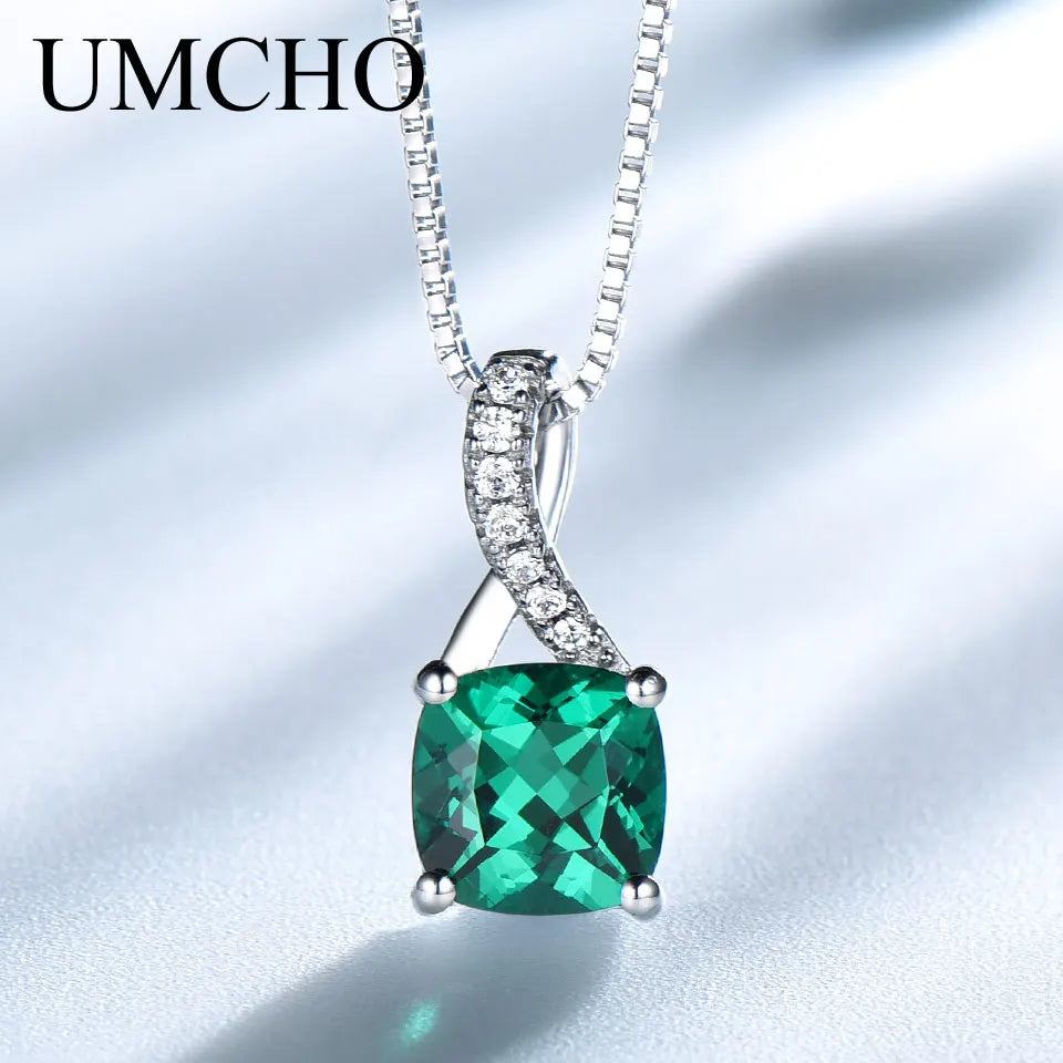 UMCHO Created Emerald Gemstone Pendants For Women Solid Genuine 925 Sterling Silver Solitaire Pendant Necklace Brand Jewelry New