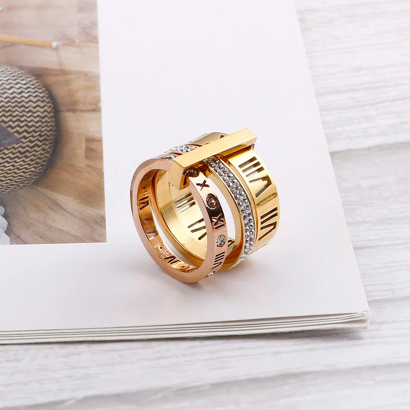 Shiny Zircon Roman Alphabet Three Layers Rings For Women Girl Muticolor Stainless Steel Women's Ring Party Wedding Jewelry Gifts