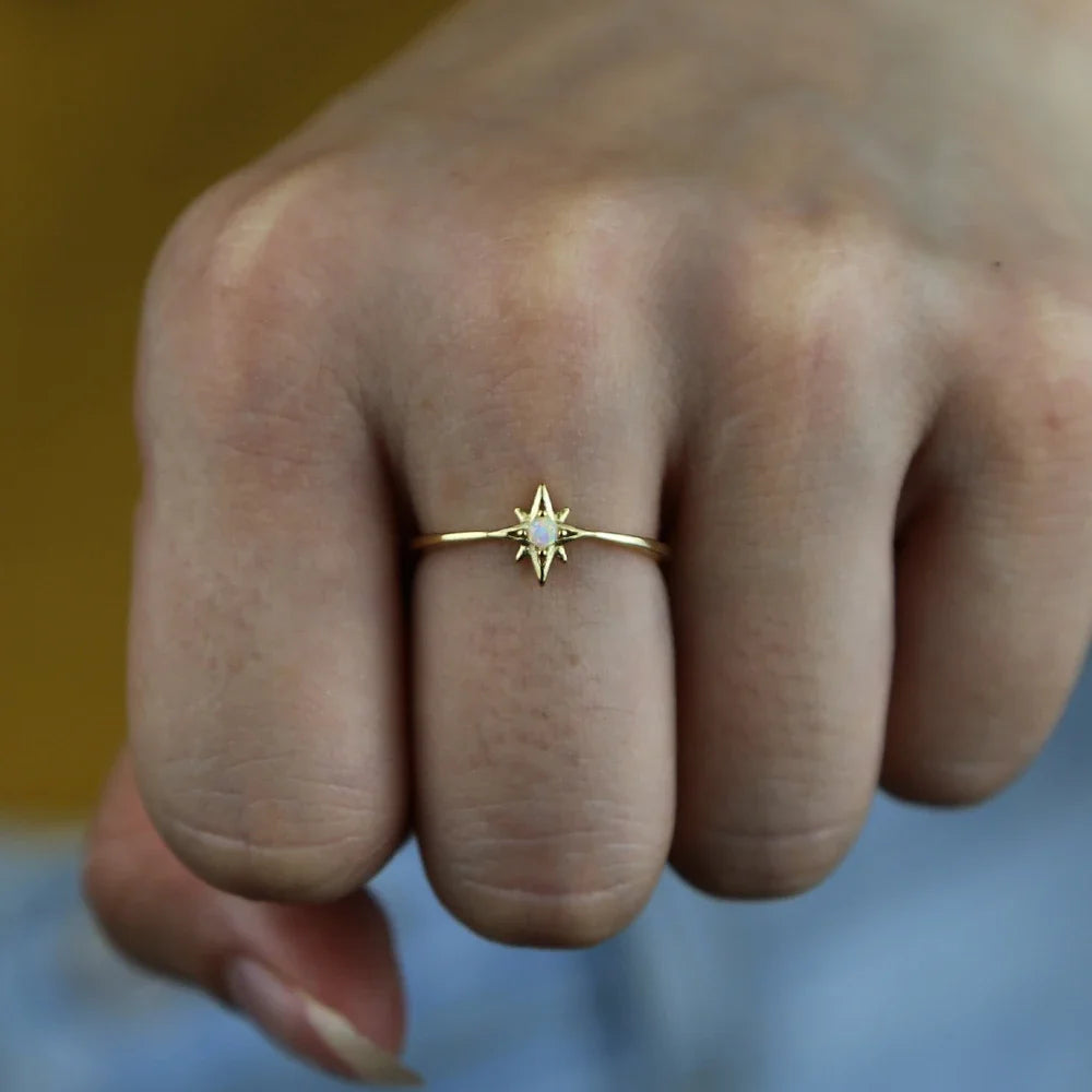 100% 925 Sterling Silver Gold Plated Vermeil Opal Star Starburst Ring Minimal Delicate Women Jewelry
