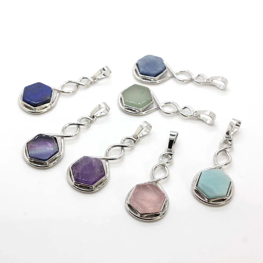 Crystal Hexagon Stone Pendant Necklace For Women Natural Amethyst Lapis Lazuli Dangle Hook Earrings Pendants Necklace Jewelry