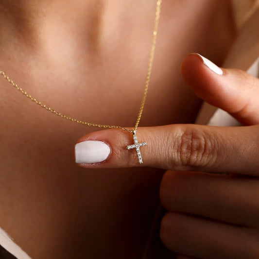 Danity Cubic Zirconia Cross Pendant Necklace for Women, Stainles Steel Chain Adjustable