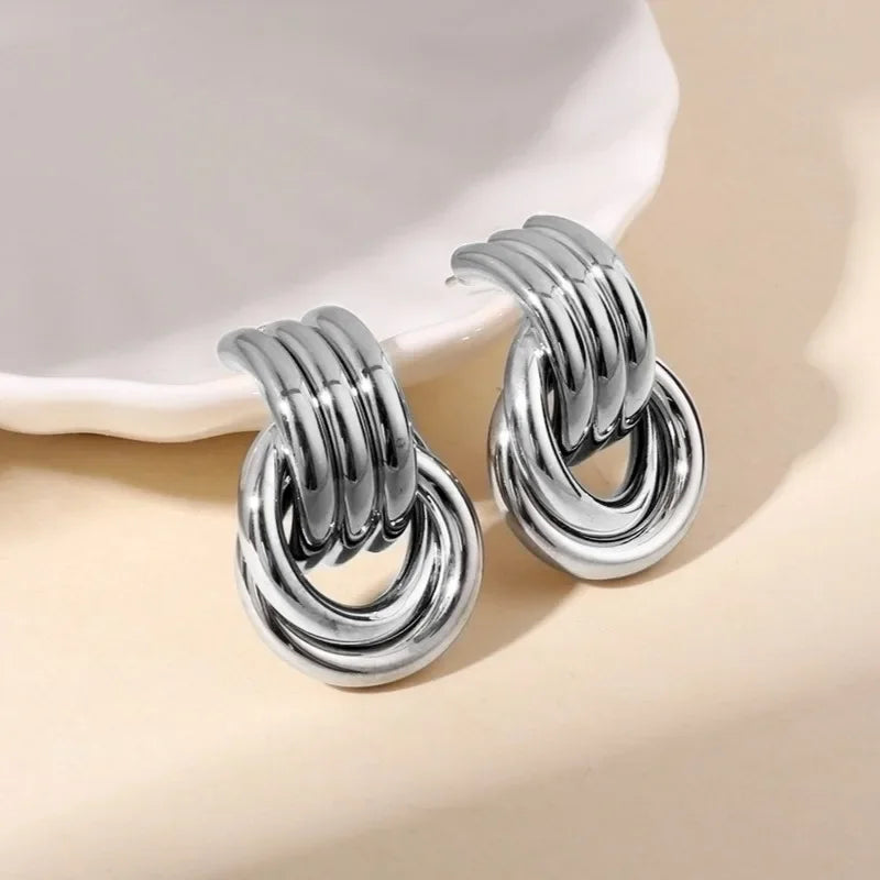Stainless Steel Three-Layer Knot Earrings for Women Fashion Vintage Glossy Geometric Twisted Earrings Trendy Party Jewelry Gifts