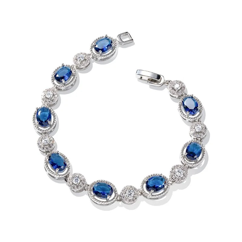Luxury Shiny Retro Sterling Silver Zircon Oval Blue Crystal Bracelet for Women Korean Exquisite Party Jewelry Accessories Gifts