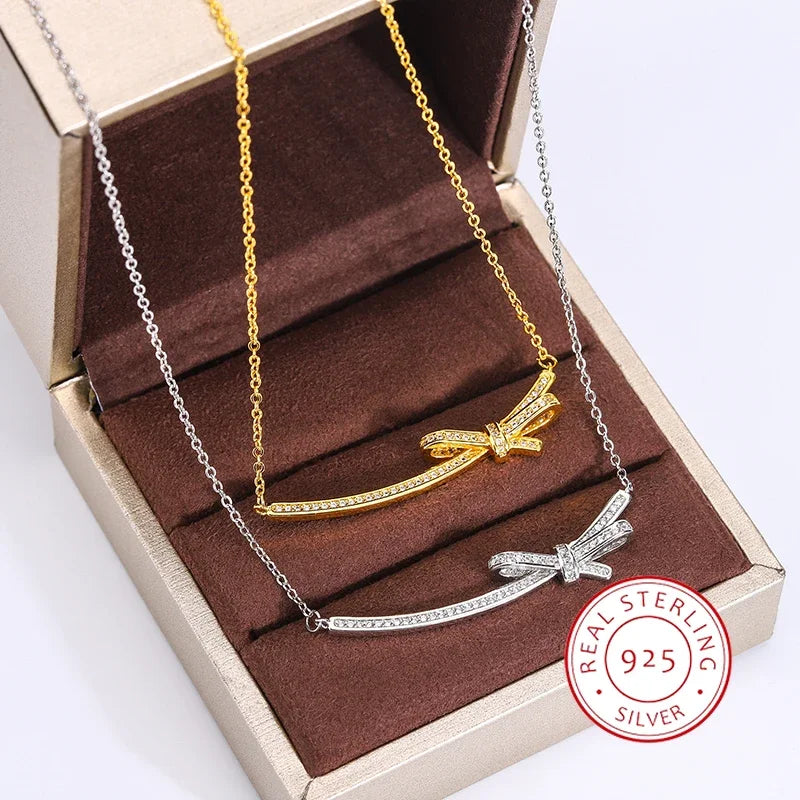 Exquisite Luxury Women 925 Silver Plated Necklace Elegant Bow Full Smile Zircon Clavicle Sweater Chain Women Necklace