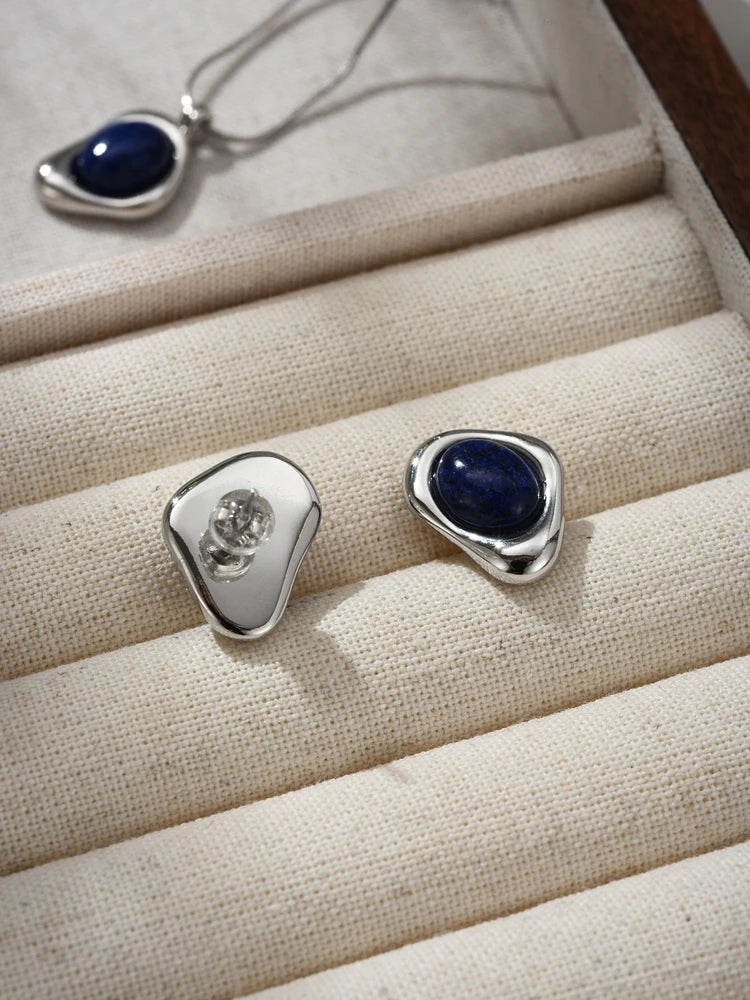 High-end Three-dimensional Round Natural Lapis Lazuli Necklace Stud Earrings Set