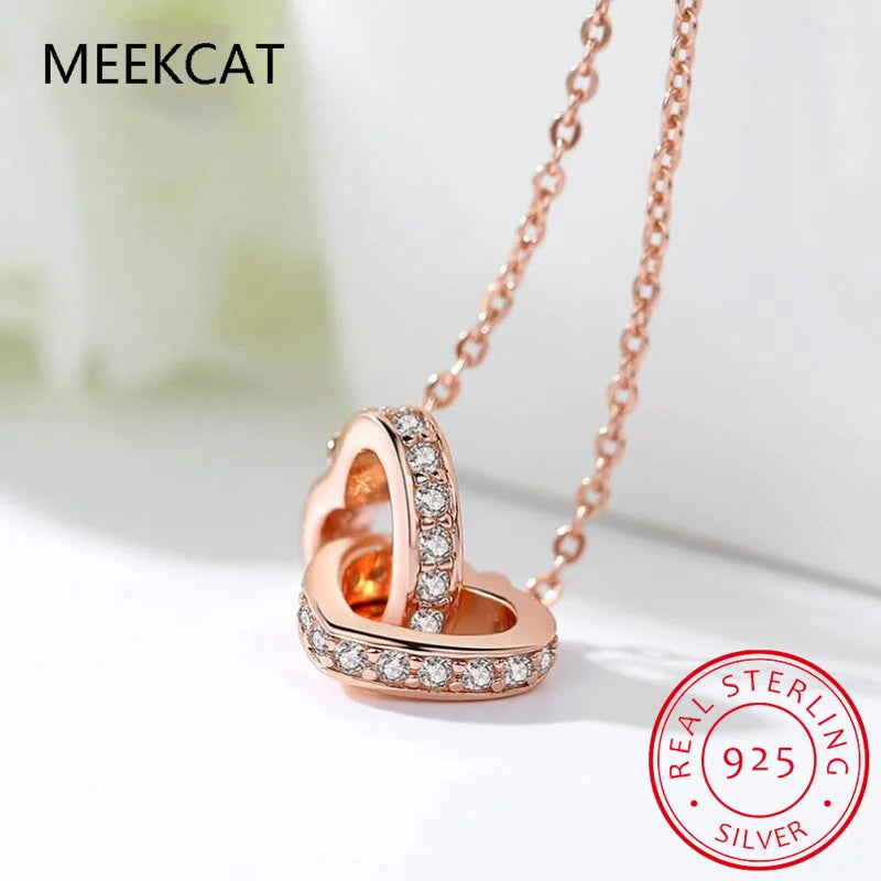 925 Sterling Silver Double Heart Pendant Necklace Clavicle Chain Link for Women Party Jewelry Valentine's Day Gift BSN339
