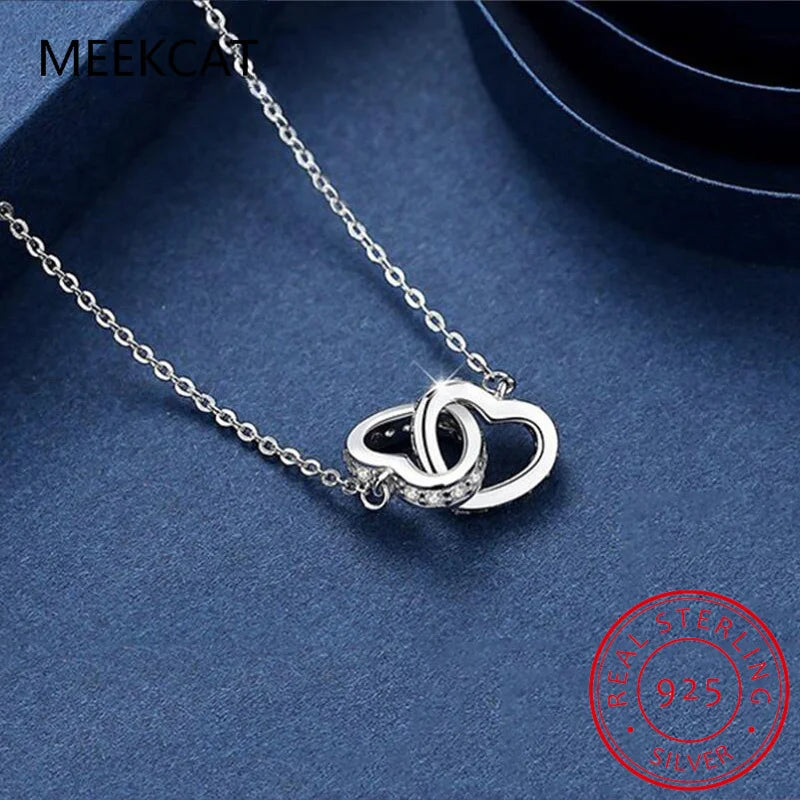 925 Sterling Silver Double Heart Pendant Necklace Clavicle Chain Link for Women Party Jewelry Valentine's Day Gift BSN339