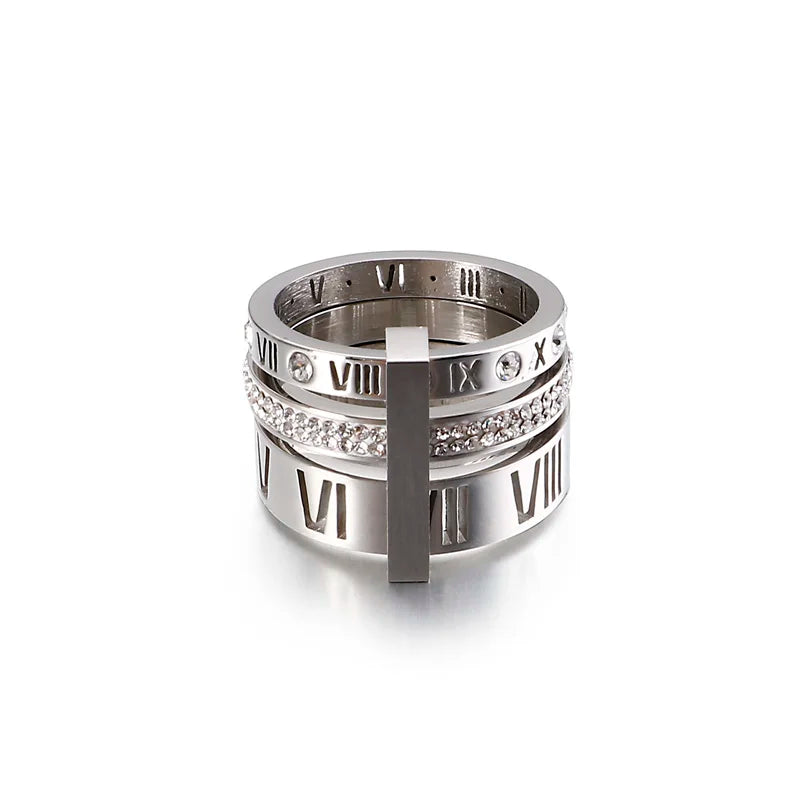 Shiny Zircon Roman Alphabet Three Layers Rings For Women Girl Muticolor Stainless Steel Women's Ring Party Wedding Jewelry Gifts