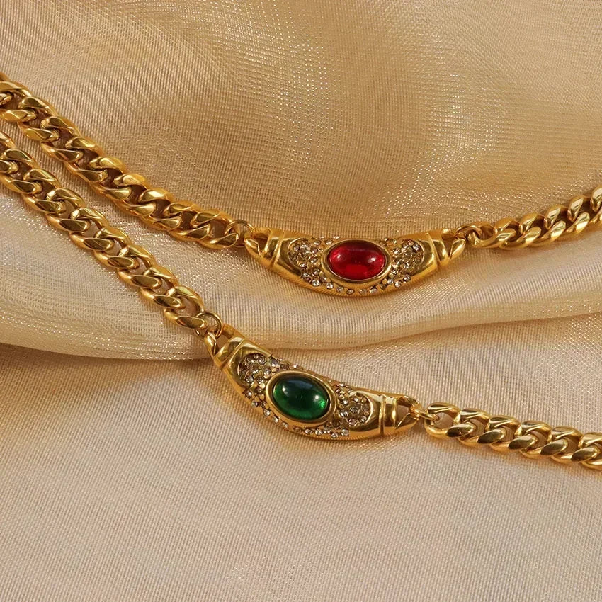 Medieval Colorful Gem Glass Chain Collares Choker Necklace Stainless steel