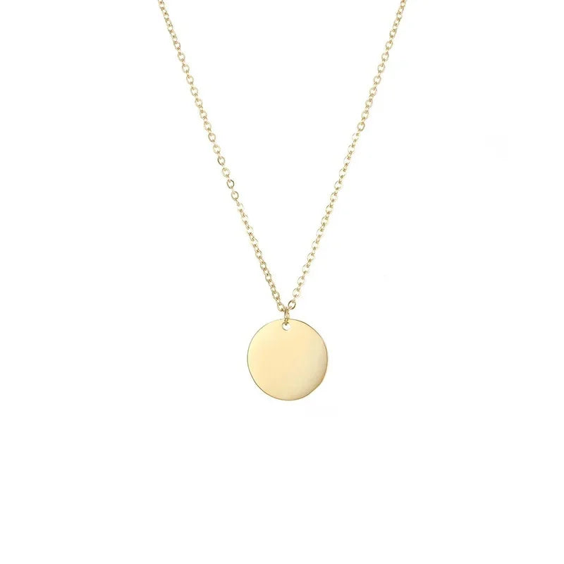 St.delan Golden round Pendant Short Stainless Steel Necklace Clavicle Chain Engraving Available Jewelry Accessory
