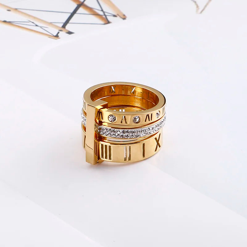 Shiny Zircon Roman Alphabet Three Layers Rings For Women Girl Muticolor Stainless Steel Women's Ring Party Wedding Jewelry Gifts
