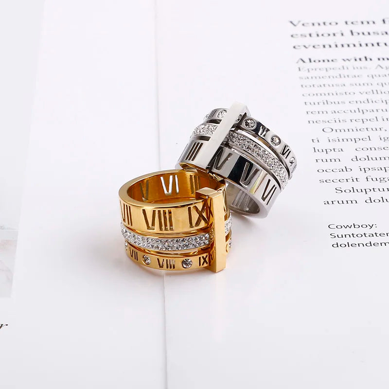 Shiny Zircon Roman Alphabet Three Layers Rings For Women Girl Muticolor Stainless Steel Women's Ring Party Wedding Jewelry Gifts