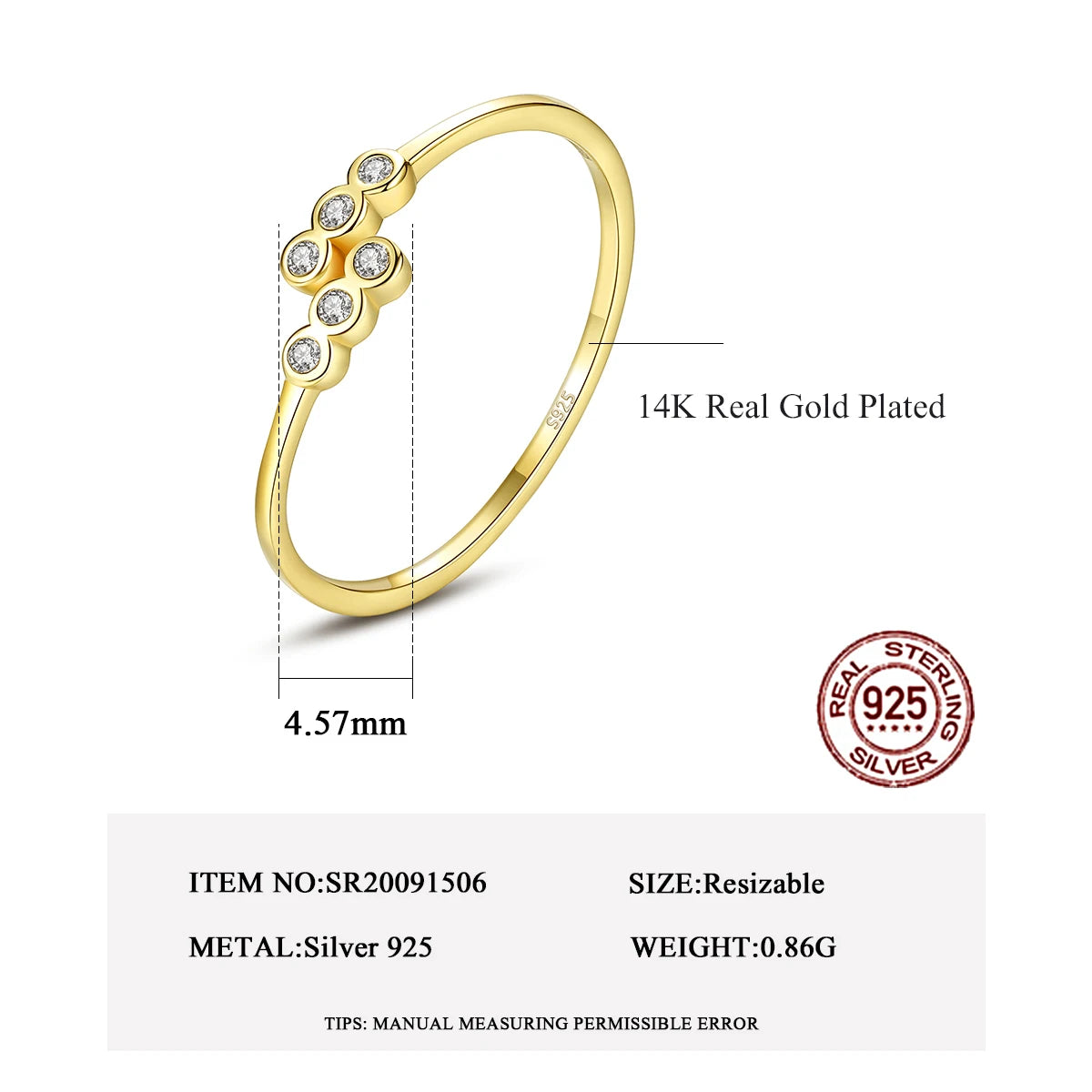 PAG&MAG Simple CZ 925 Sterling Silver Rings Woman Round Zircon Resizable Gold Plated Color Elegent Cute Girl Daily Bands Jewelry