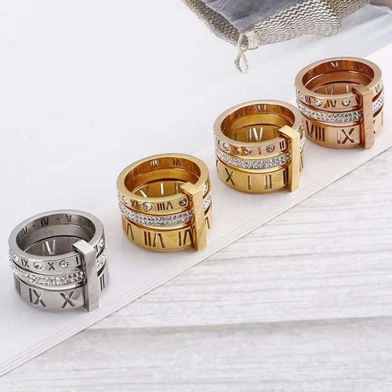 Shiny Zircon Roman Alphabet Three Layers Rings For Women Girl Muticolor Stainless Steel Women's Ring Party Wedding Jewelry Gifts