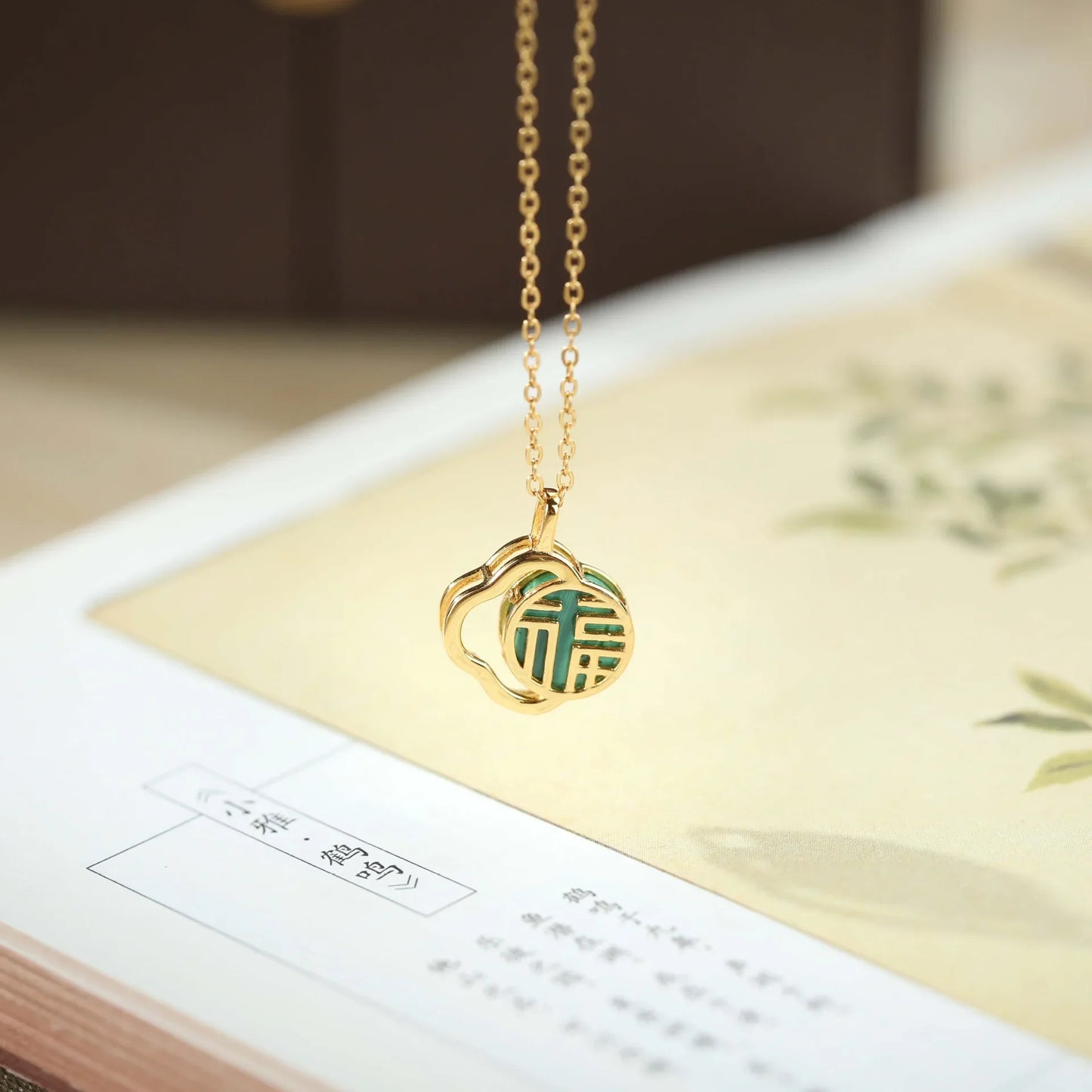 S925 Pure Silver Gold Plated Turquoise Pendant Design Jewelry Exquisite Lucky Four Leaf Clover Chinese Character Female Pendant