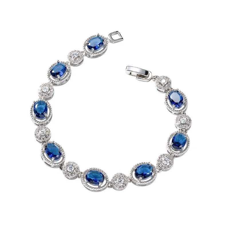 Luxury Shiny Retro Sterling Silver Zircon Oval Blue Crystal Bracelet for Women Korean Exquisite Party Jewelry Accessories Gifts