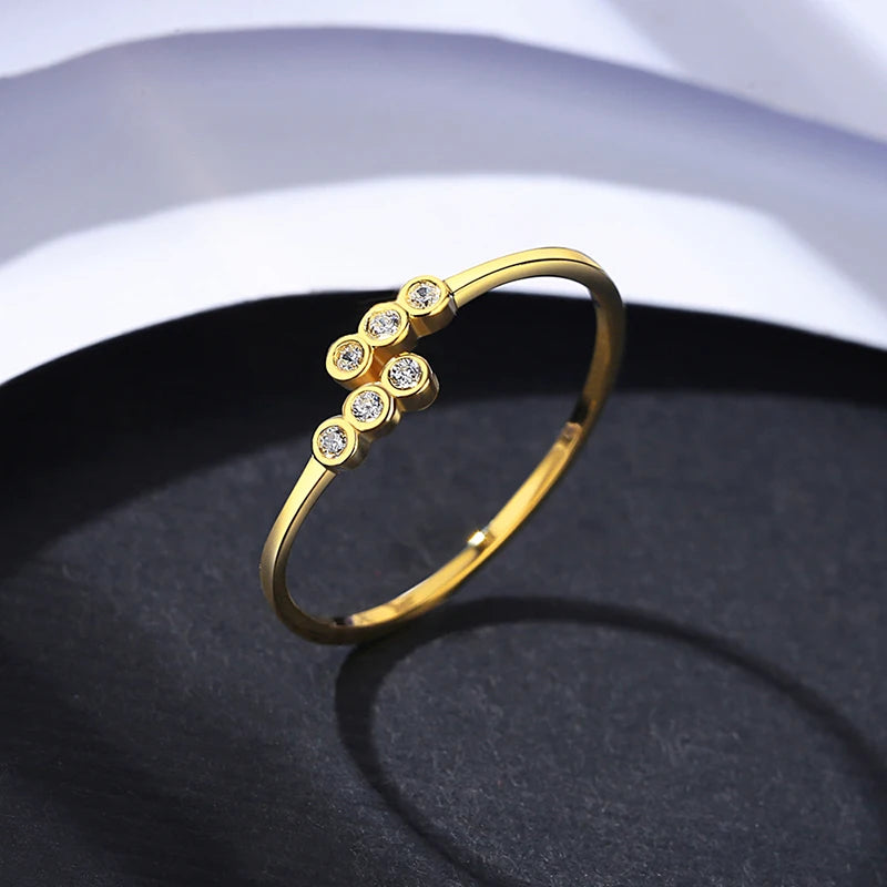 PAG&MAG Simple CZ 925 Sterling Silver Rings Woman Round Zircon Resizable Gold Plated Color Elegent Cute Girl Daily Bands Jewelry
