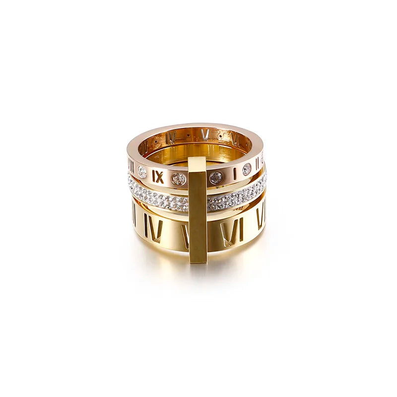 Shiny Zircon Roman Alphabet Three Layers Rings For Women Girl Muticolor Stainless Steel Women's Ring Party Wedding Jewelry Gifts