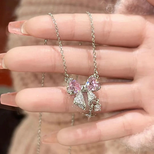 Sweet Pink Bow Necklace Ladies Fashion Sparkling Rhinestone Star Shape Pendant Clavicle Chain Delicate Wedding Accesories