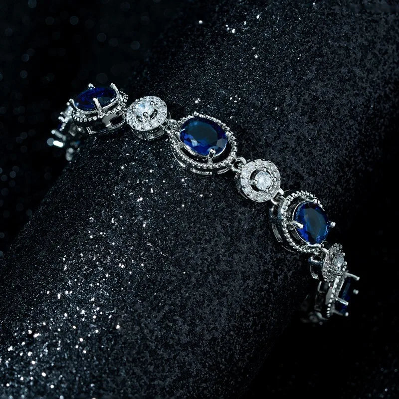 Luxury Shiny Retro Sterling Silver Zircon Oval Blue Crystal Bracelet for Women Korean Exquisite Party Jewelry Accessories Gifts