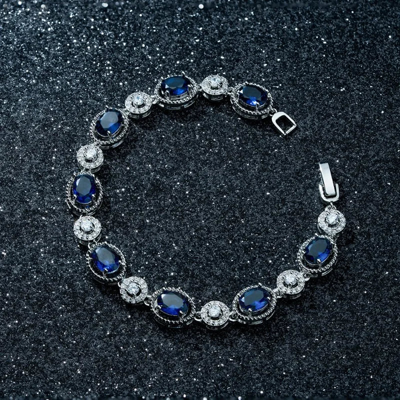Luxury Shiny Retro Sterling Silver Zircon Oval Blue Crystal Bracelet for Women Korean Exquisite Party Jewelry Accessories Gifts