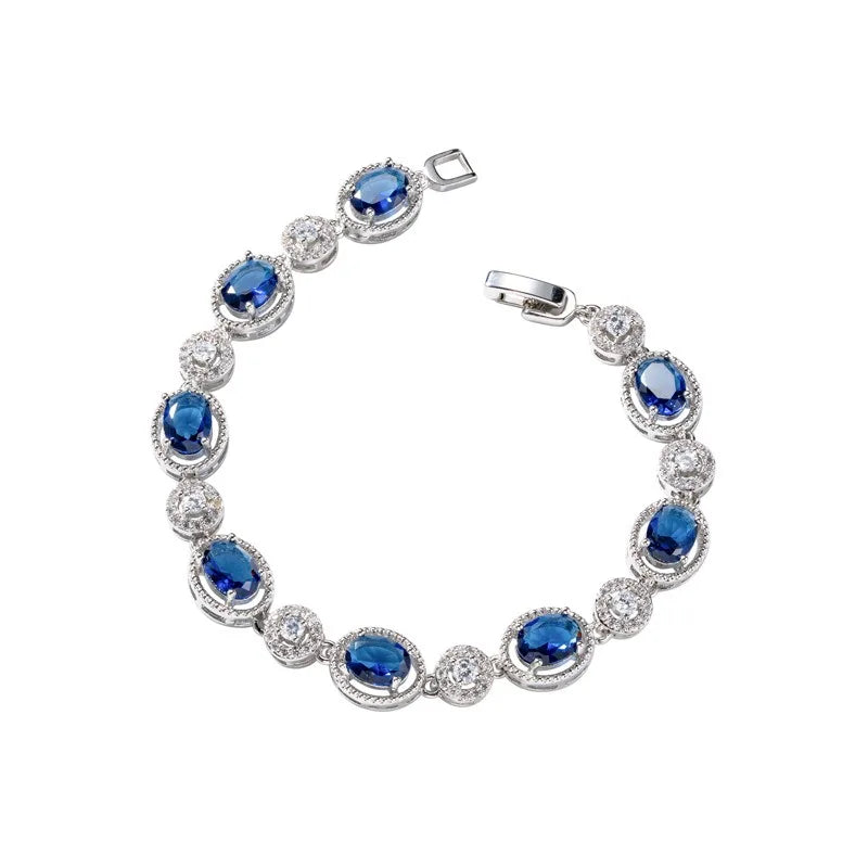 Luxury Shiny Retro Sterling Silver Zircon Oval Blue Crystal Bracelet for Women Korean Exquisite Party Jewelry Accessories Gifts