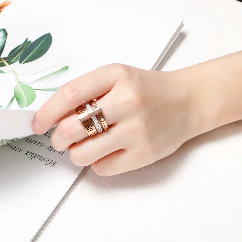 Shiny Zircon Roman Alphabet Three Layers Rings For Women Girl Muticolor Stainless Steel Women's Ring Party Wedding Jewelry Gifts