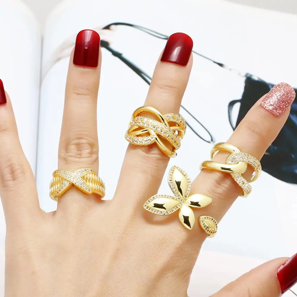 OCESRIO White Crystal Butterfly Statement Rings for Women Copper Gold Plated Crossover Open Ring Women Jewelry Gift righ74
