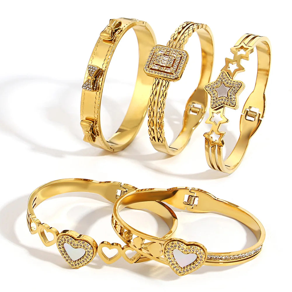 Chic Rhinestone Star Heart Bowknot Square Cuff Bracelet for Women Fashion Gold Plated Stainless Steel Bangles Jewelry Gifts