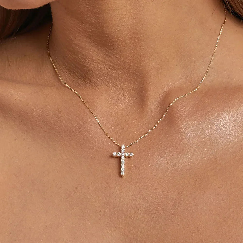 Danity Cubic Zirconia Cross Pendant Necklace for Women, Stainles Steel Chain Adjustable
