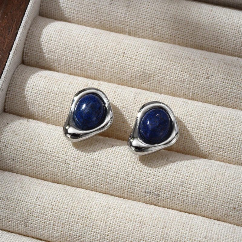 High-end Three-dimensional Round Natural Lapis Lazuli Necklace Stud Earrings Set