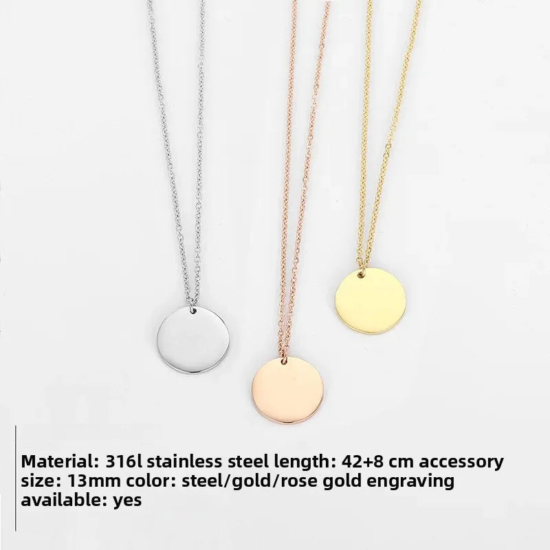 St.delan Golden round Pendant Short Stainless Steel Necklace Clavicle Chain Engraving Available Jewelry Accessory