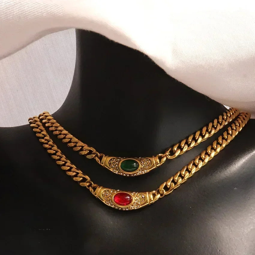 Medieval Colorful Gem Glass Chain Collares Choker Necklace Stainless steel