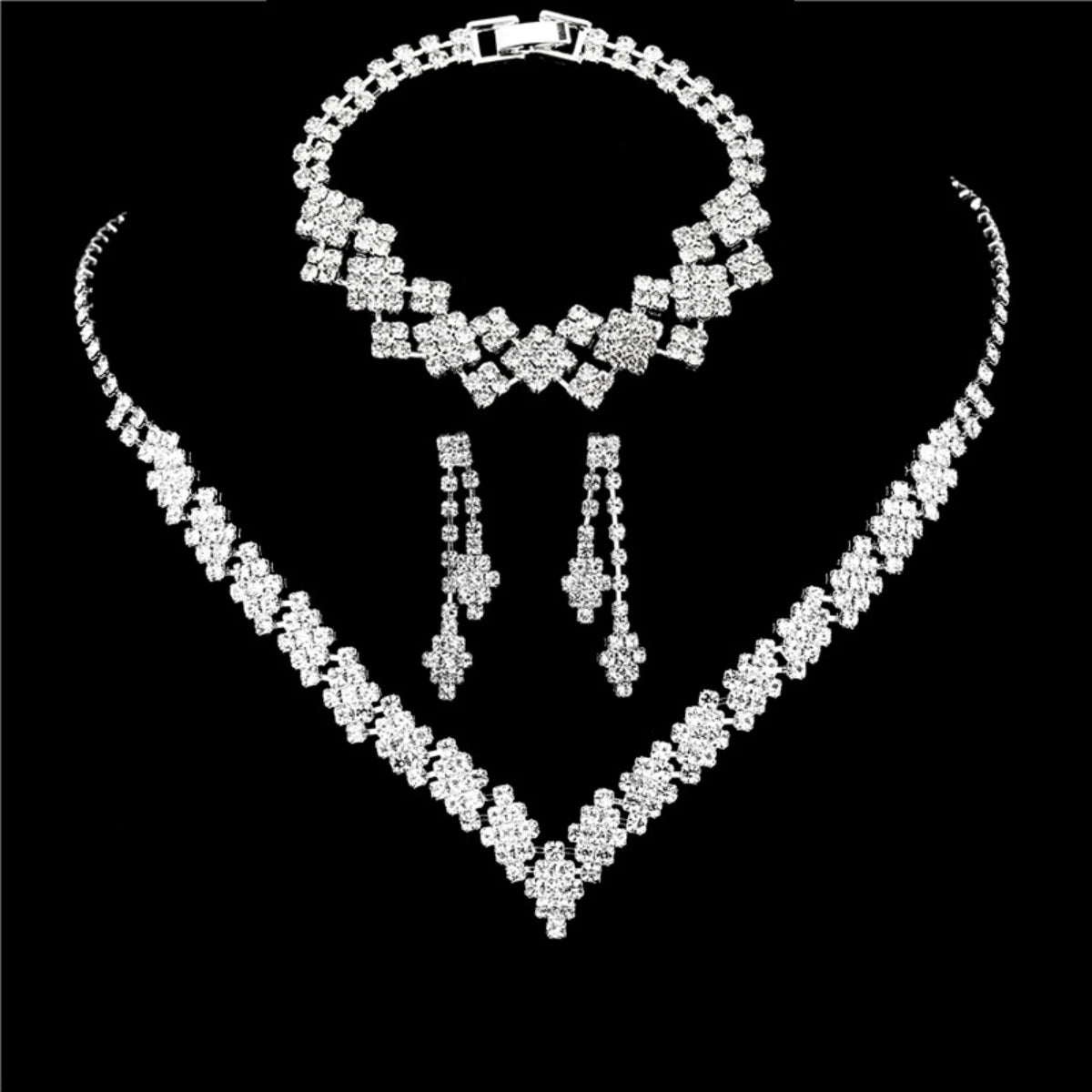 4PC Women's Fashion Copper Inlaid Diamond Claw Chain Cone Necklace Earrings Bracelet Set Wedding Party Festival Gift