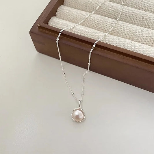925 Silver Pearl Simple Elegant Thin Chain Pendant Necklace for Women Girl Jewelry