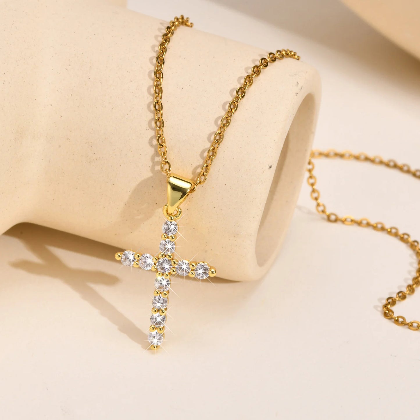 Danity Cubic Zirconia Cross Pendant Necklace for Women, Stainles Steel Chain Adjustable