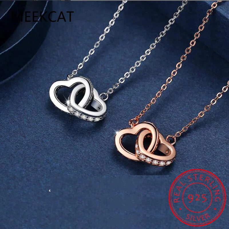 925 Sterling Silver Double Heart Pendant Necklace Clavicle Chain Link for Women Party Jewelry Valentine's Day Gift BSN339