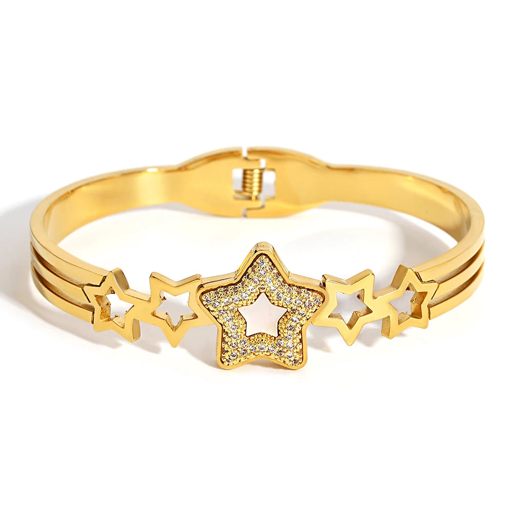 Chic Rhinestone Star Heart Bowknot Square Cuff Bracelet for Women Fashion Gold Plated Stainless Steel Bangles Jewelry Gifts