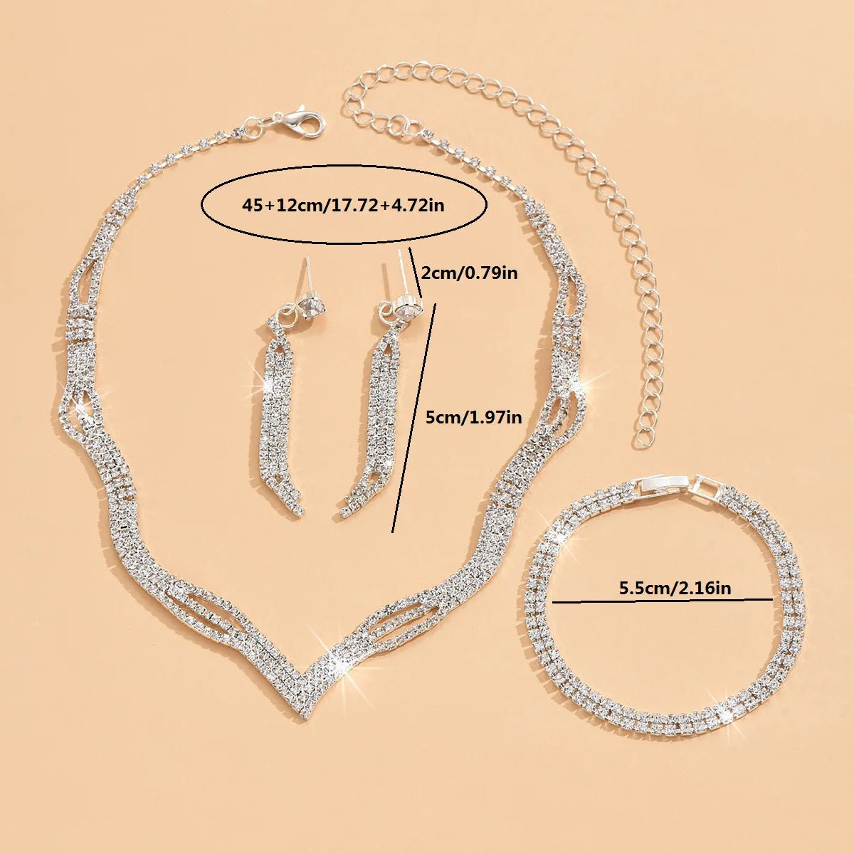 4PC Women's Fashion Copper Inlaid Diamond Claw Chain Cone Necklace Earrings Bracelet Set Wedding Party Festival Gift