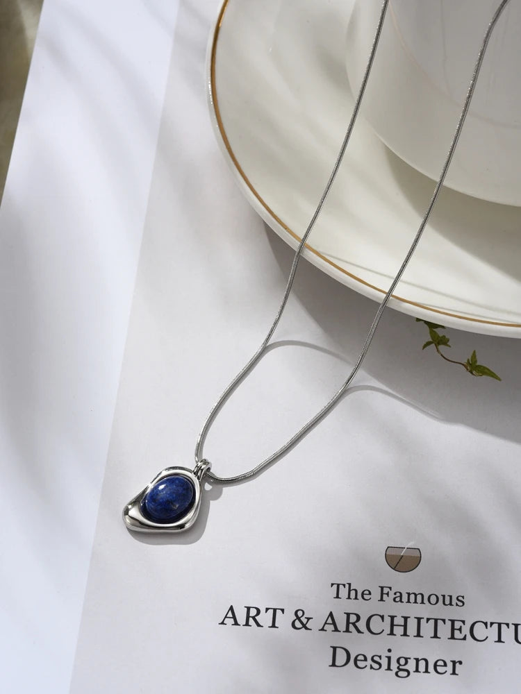 High-end Three-dimensional Round Natural Lapis Lazuli Necklace Stud Earrings Set
