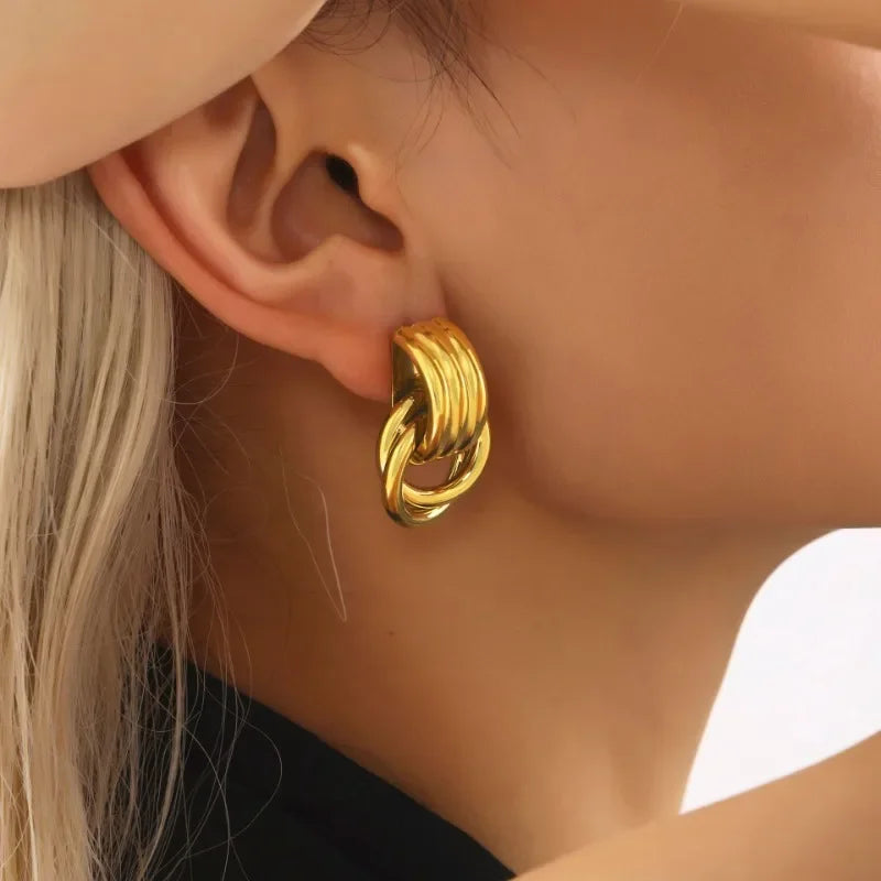 Stainless Steel Three-Layer Knot Earrings for Women Fashion Vintage Glossy Geometric Twisted Earrings Trendy Party Jewelry Gifts