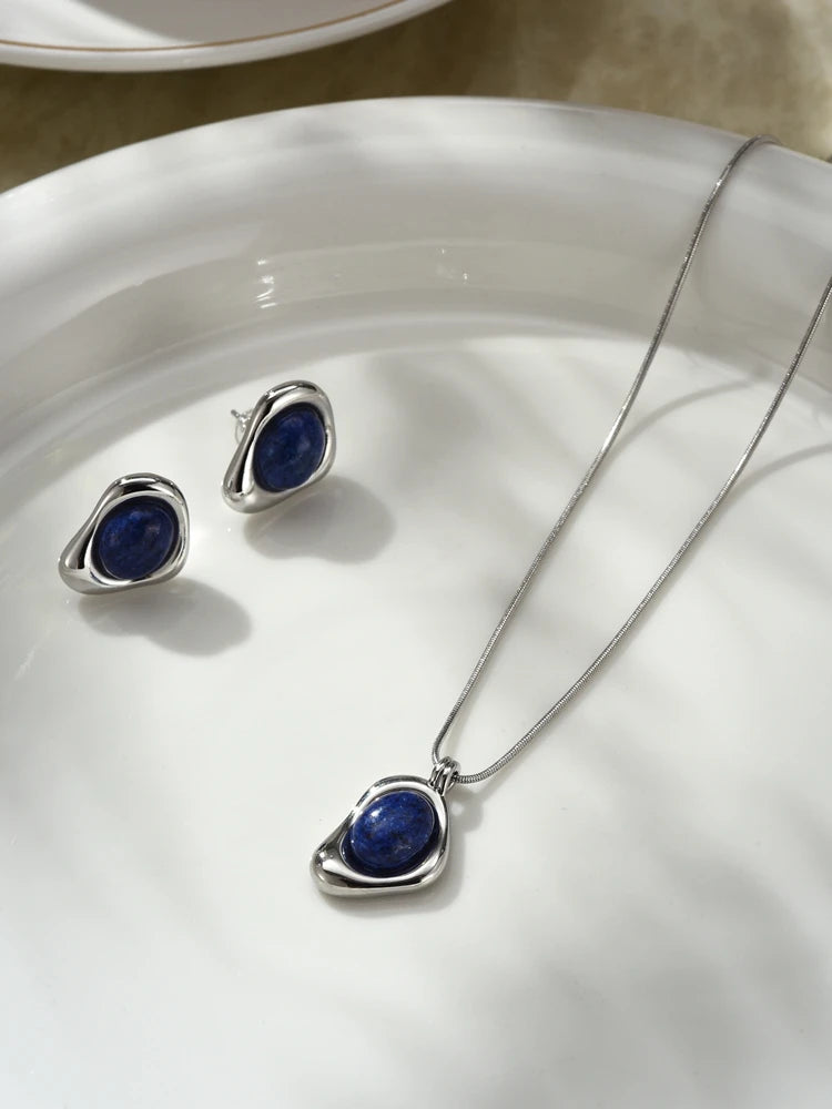 High-end Three-dimensional Round Natural Lapis Lazuli Necklace Stud Earrings Set