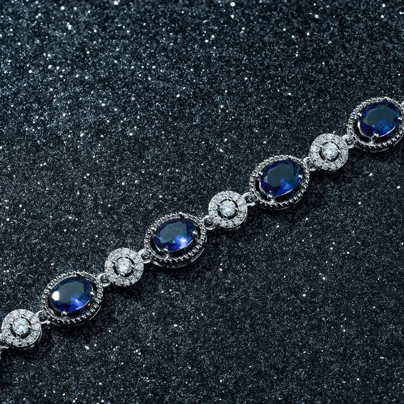 Luxury Shiny Retro Sterling Silver Zircon Oval Blue Crystal Bracelet for Women Korean Exquisite Party Jewelry Accessories Gifts