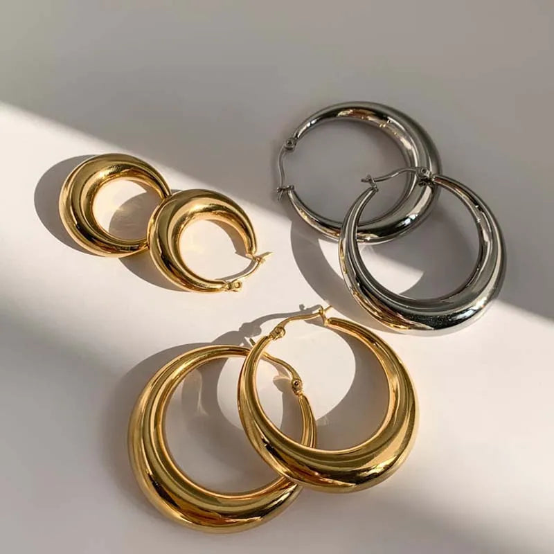 New Style 2024 Wholesale Smooth Exquisite Big Circle Hoop Earrings for Women Girl Wedding Party Large Stainless Steel Jewelry