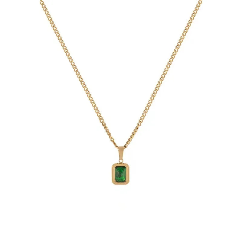 New Style Retro Alloy Square Emerald Zircon Geometric Square Pendant Necklace For Women Girls Charm Temperament Jewelry Gift