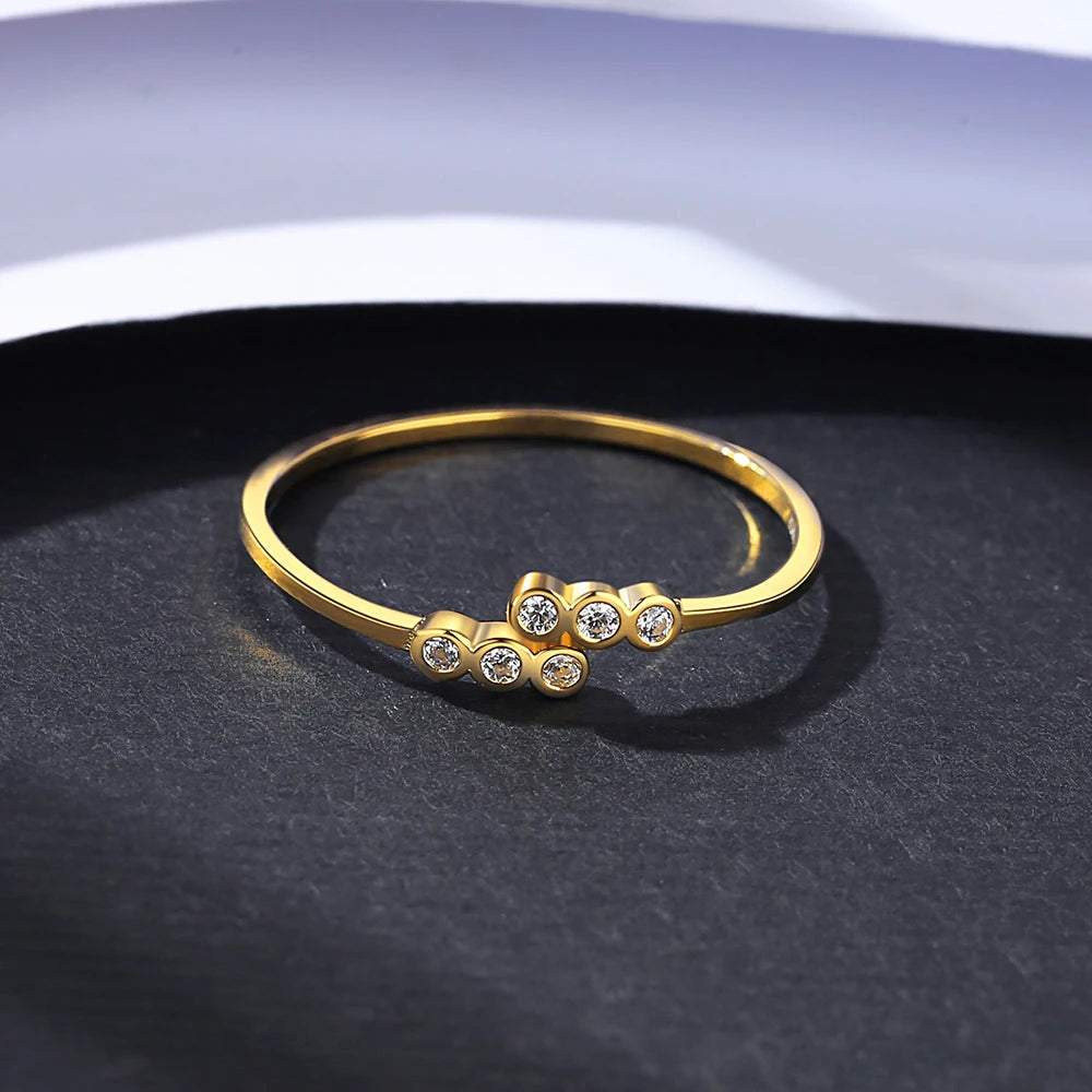 PAG&MAG Simple CZ 925 Sterling Silver Rings Woman Round Zircon Resizable Gold Plated Color Elegent Cute Girl Daily Bands Jewelry