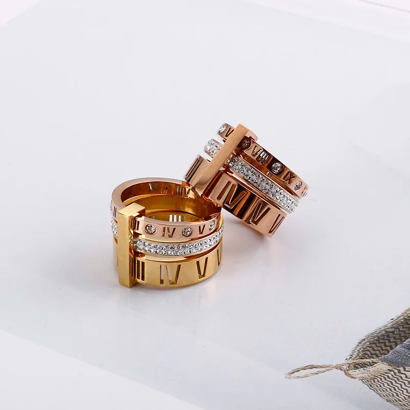 Shiny Zircon Roman Alphabet Three Layers Rings For Women Girl Muticolor Stainless Steel Women's Ring Party Wedding Jewelry Gifts