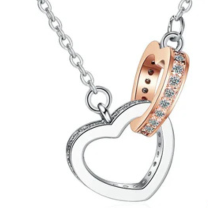 Fashion Double Loold Rhinestonesve Heart Zircon Pendant Necklace 925 Sterling Silver Rose G Women's Jewelry