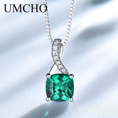 UMCHO Created Emerald Gemstone Pendants For Women Solid Genuine 925 Sterling Silver Solitaire Pendant Necklace Brand Jewelry New