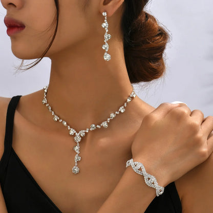 4PC Women's Fashion Copper Inlaid Diamond Claw Chain Cone Necklace Earrings Bracelet Set Wedding Party Festival Gift